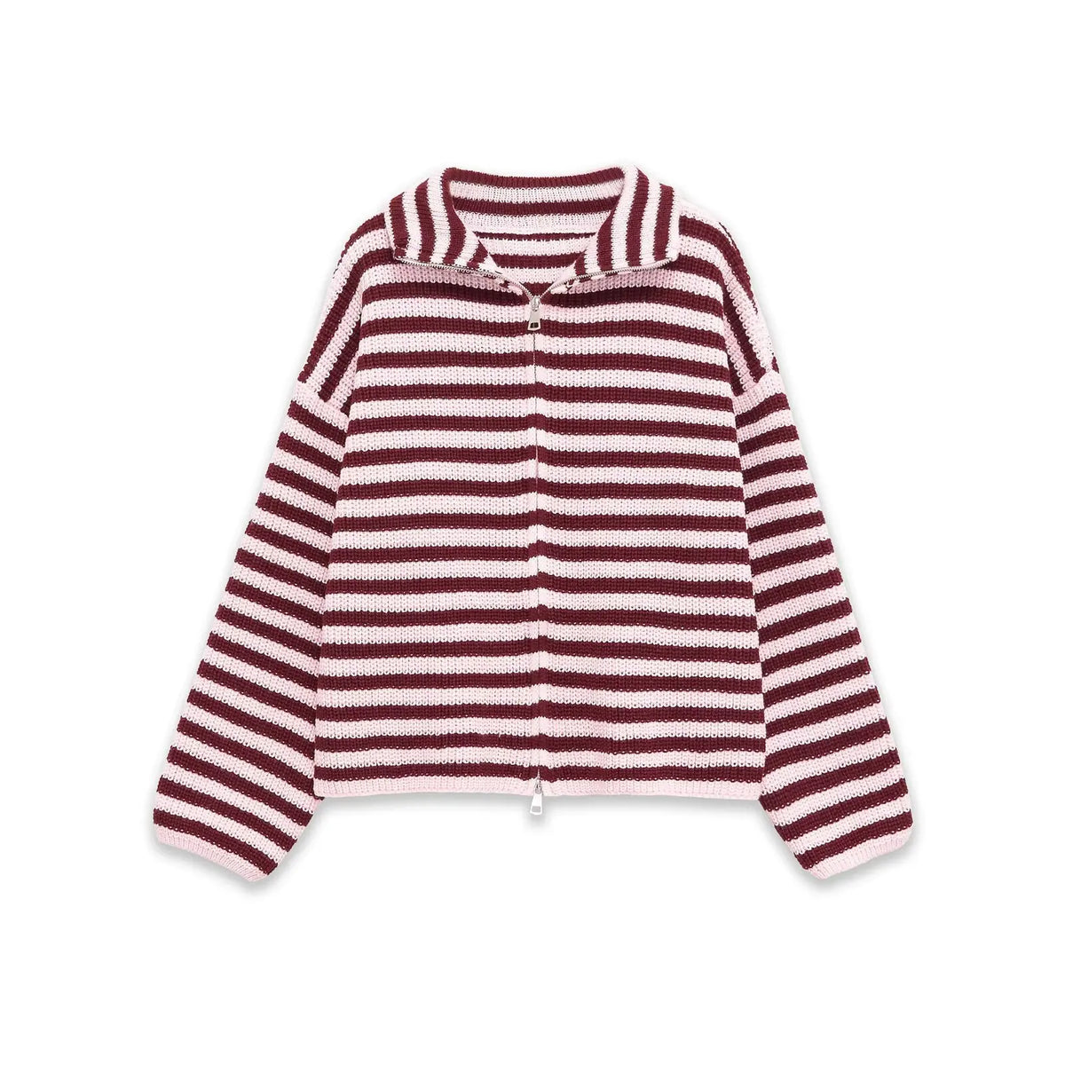 2026 New Spring Striped Loose Knit Cardigans Women Casual Turtleneck Zip-up Pink Sweater Coat Women Knitwear Streetwear