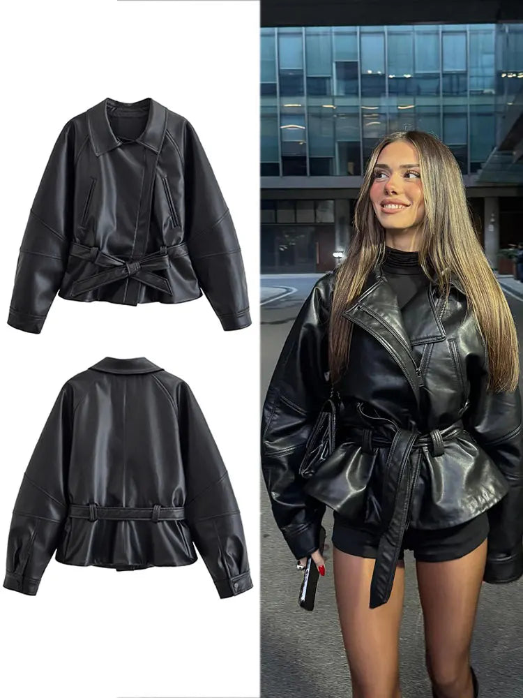 Short Faux Leather Trench Coat Long Sleeve Lapel Jacket