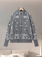 2026 Spring Loose Knit Jacquard Stand Collar Women Cardigan Zipper Full Sleeve Pockets Loose Sweater Fashion Lady Soft Knitwear