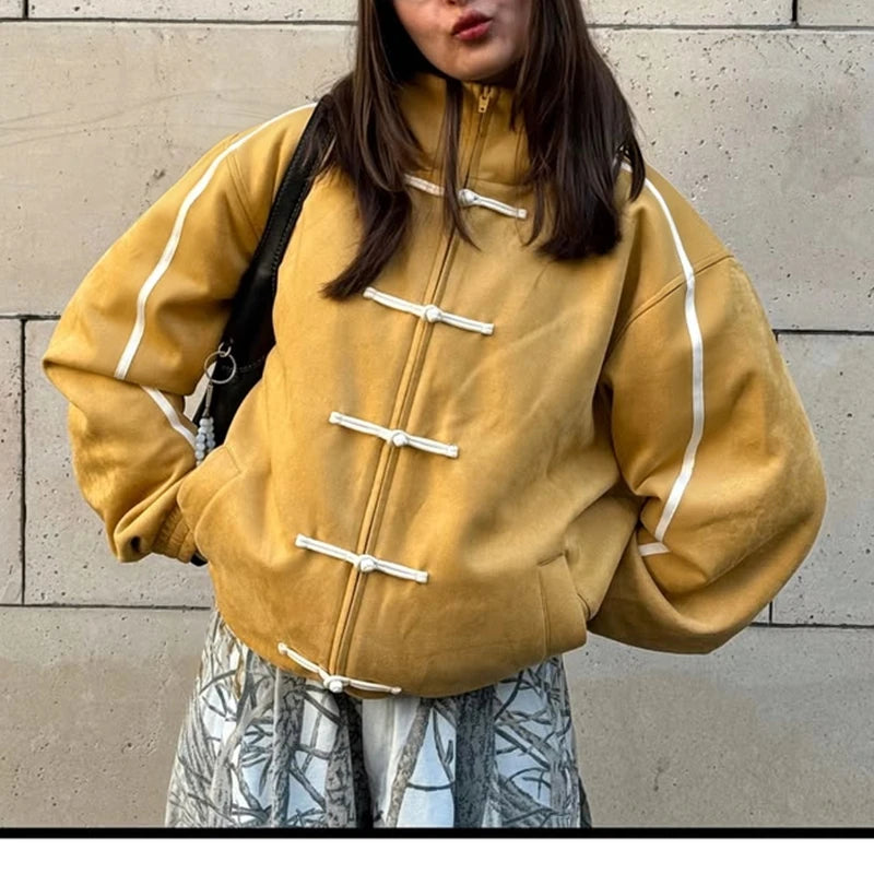 Women's Chinese Frog Button-down Loose Fit Jacket Y2k Vintage Zip Up Sweatshirt Funnel Neck Bomber Jacket Preppy Streetwear