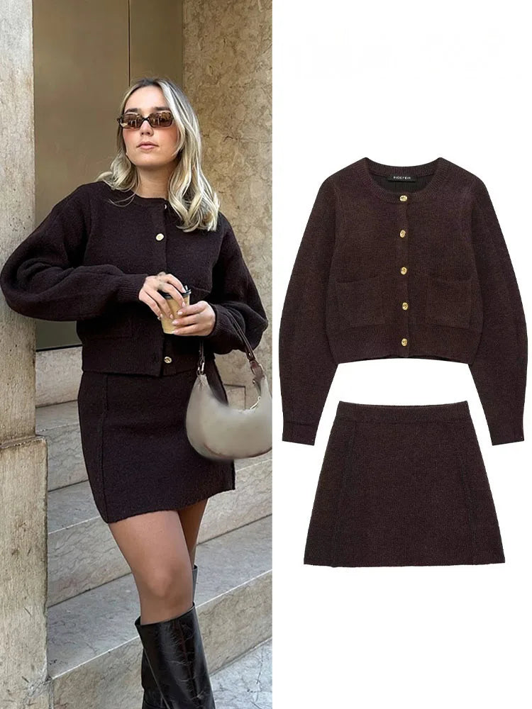 HH Women Skirt Suit Fashion O-Neck Knitted Long Sleeve Single Breasted Pocket Cardigan+Elastic Waist Slim Mini Skirt 3 Color