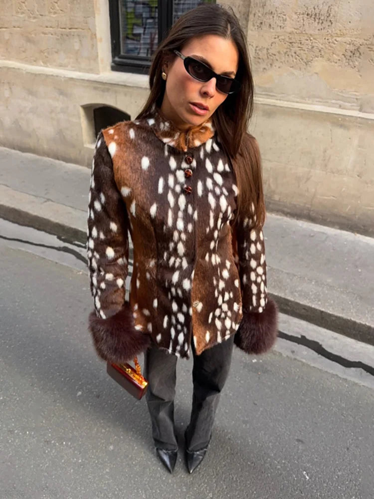Vintage Faux Fur Cropped Jacket Women Deer Spot Print Stand Collar Dark Fur Cuff Button Up Short Coat Winter Street Outerwear