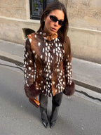 Vintage Faux Fur Cropped Jacket Women Deer Spot Print Stand Collar Dark Fur Cuff Button Up Short Coat Winter Street Outerwear