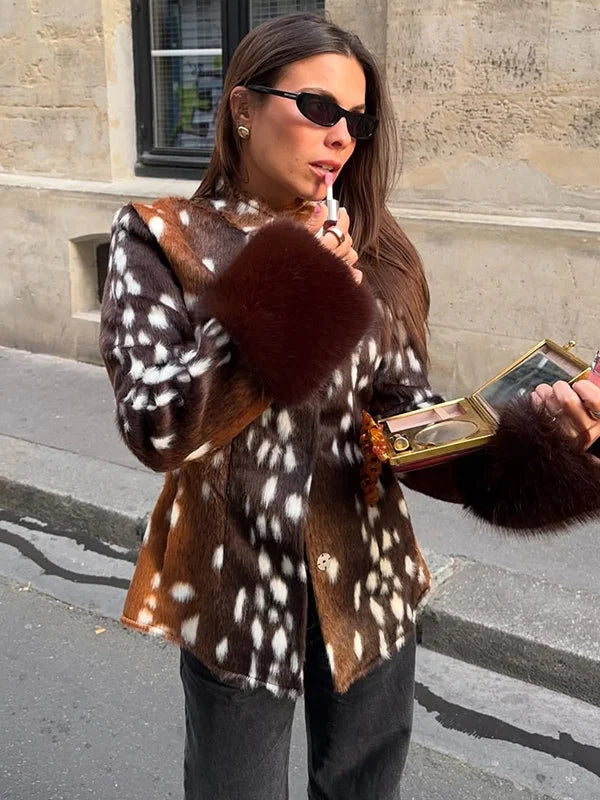 Vintage Faux Fur Cropped Jacket Women Deer Spot Print Stand Collar Dark Fur Cuff Button Up Short Coat Winter Street Outerwear